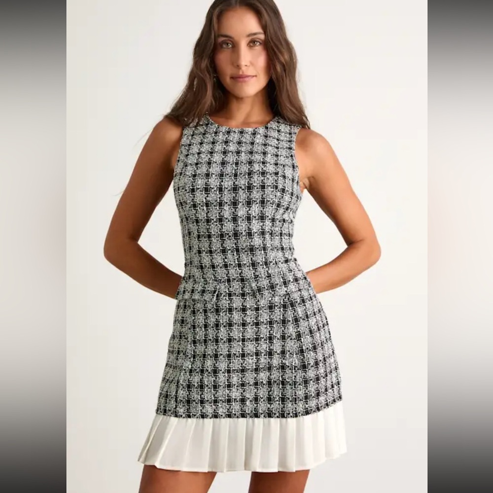 Lulus Moroni Black Tweed Pleated Hem Mini Dress